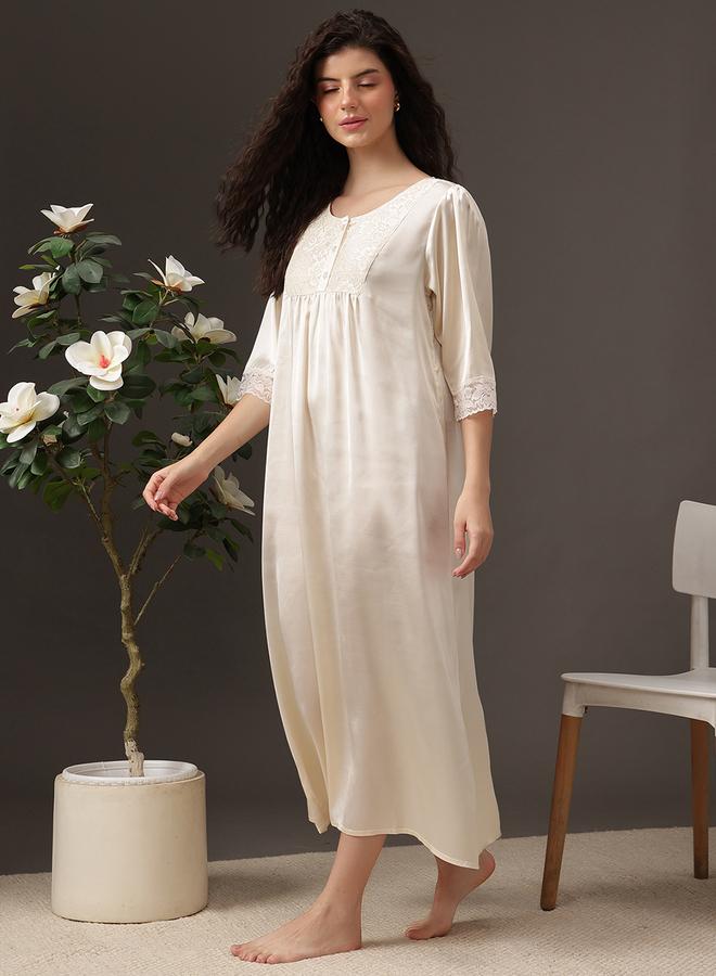 Clovia Women White Satin Nightdress with Lace Trim - Image 1